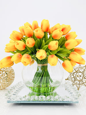 Large 50 Orange Tulips | Modern Faux Floral Arrangement Real Touch Artificial Centerpiece Faux Flowers in Glass Vase Faux Flowers in Vase