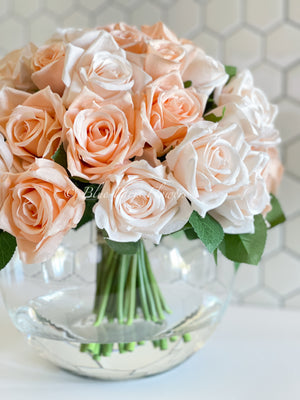 45 Cream & Peach Rose Arrangement Artificial Faux Silk Flowers in Glass Vase, Modern French Decor, Floral Centerpiece, Home Decor Gift Blue Paris