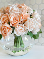 45 Cream & Peach Rose Arrangement Artificial Faux Silk Flowers in Glass Vase, Modern French Decor, Floral Centerpiece, Home Decor Gift Blue Paris