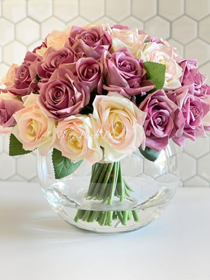 45 Dusty Rose & Peach Rose Arrangement Artificial Faux Silk Flowers in Glass Vase, Modern French Decor, Floral Centerpiece, Home Decor Gift