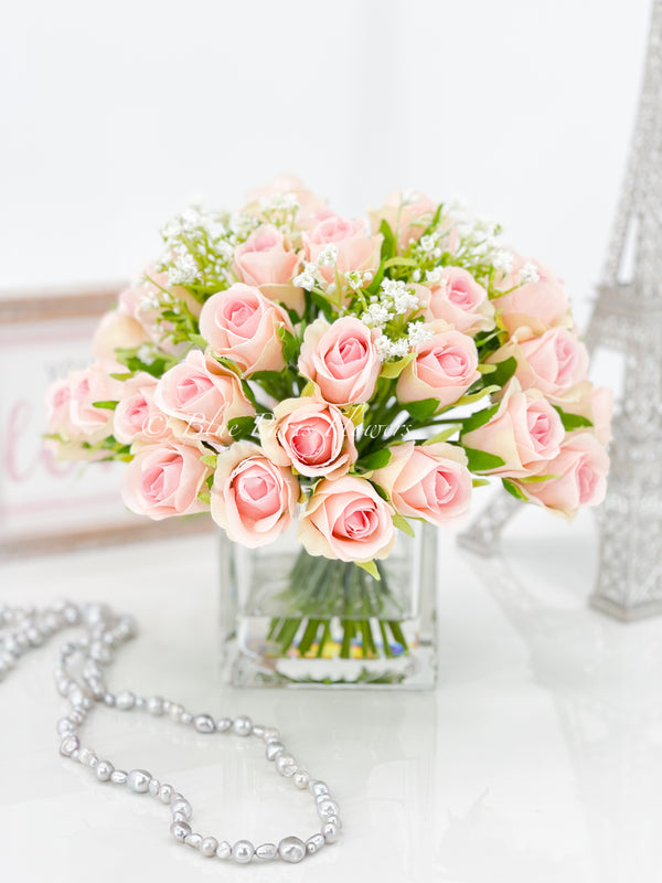 Light Pink 40 Roses Arrangement, Floral Flowers | Silk Artificial Faux Forever Flowers in Glass for Home Decor by Blue Paris Flowers