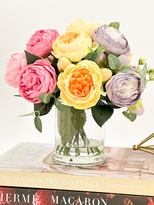 Pink/Purple/Yellow Rose Peony Arrangement, Artificial Faux Centerpiece, Faux Florals, Silk Flowers in Glass Vase, Mother’s Day by Blue Paris