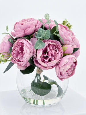 Purple/Pink or Magenta Pink Rose Peony Arrangement, Artificial Faux Centerpiece, Faux Florals, Silk Flowers in Glass Vase by Blue Paris