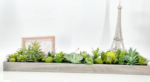 31” Long Succulents in Wood Base, Faux Artificial Greens Succulents Plants Table Centerpiece Floral Decor Centerpiece Faux Florals