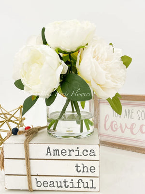 White Peonies Arrangement Artificial Faux Table Centerpiece, Wedding Faux Florals, Rose Silk Flowers Arrangement in Glass Vase by Blue Paris