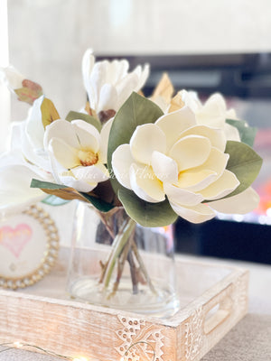 Luxurious White Magnolia Arrangement Real Touch/Silk Artificial Faux Centerpiece-Fake Flower Centerpiece-Home Decor Floral Gift Blue Paris