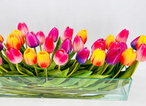 Modern Long REAL TOUCH Tulip Arrangement Artificial Faux Centerpiece Floral Flower Arrangement Silk Flowers Glass Vase French Decor Pink