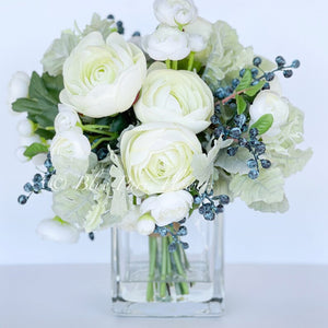 Floral Arrangement, Pale Green White Ranunculus, Blueberries, Silk Artificial Flower Centerpiece, Faux Silk Arrangement Glass Vase, Flower