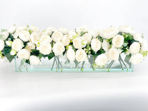 Modern Long White Rose Peony Arrangement, Artificial Faux Centerpiece Floral Flower Arrangement, Silk Flowers Glass Vase Home Decor