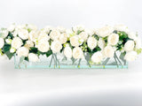 Modern Long White Rose Peony Arrangement, Artificial Faux Centerpiece Floral Flower Arrangement, Silk Flowers Glass Vase Home Decor