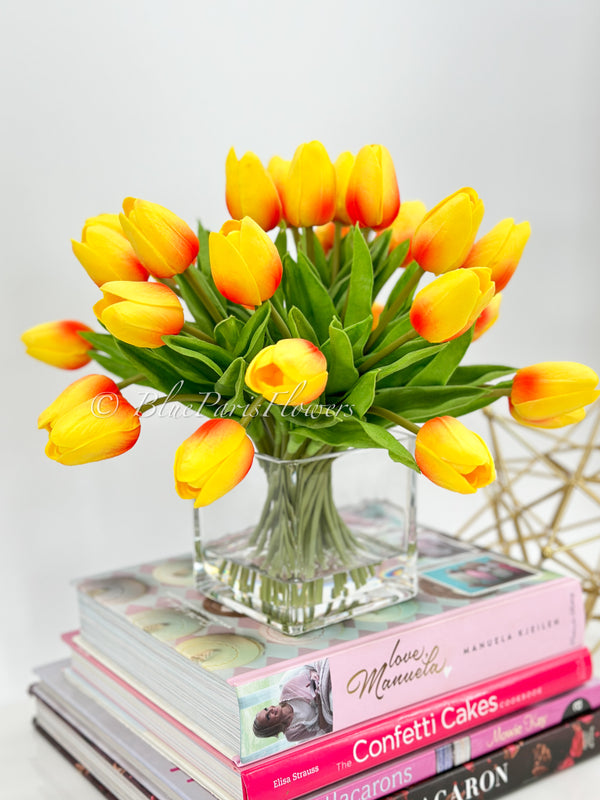 Orange Tulips 25 Floral | Modern Arrangement | Real Touch | Artificial Faux Forever Fake Flowers in Glass Vase for Home Decor Blue Paris