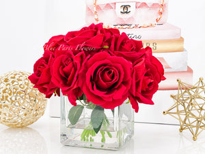 Red Velvet Roses Arrangement, Artificial Faux Centerpiece, Natural Touch Flowers in Glass Vase Home Decor, Floral Arrangement Blue Paris