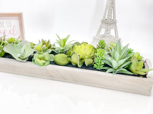 31” Long Succulents in Wood Base, Faux Artificial Greens Succulents Plants Table Centerpiece Floral Decor Centerpiece Faux Florals