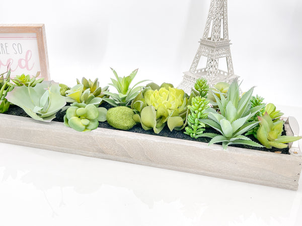 34” Long Succulents in Wood Base, Faux Artificial Greens Succulents Plants Table Centerpiece Floral Decor Centerpiece Faux Florals