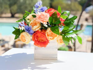 Fall or Thanksgiving Arrangement, Ranunculus, Peonies, Delphinium in Wood Vase, Floral Decor Centerpiece, Faux Artificial Flowers Silk Decor