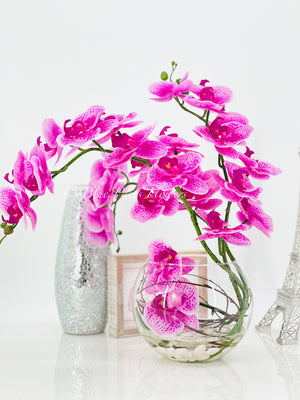 Magenta Pink 3 Stems Phalaenopsis Orchid Arrangement, Real Touch Flower in Glass Vase | Table Centerpiece | Floral Decor Flower Arrangement