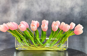 Modern Long REAL TOUCH Tulip Arrangement Artificial Faux Centerpiece Floral Flower Arrangement Silk Flowers Glass Vase French Decor Pink