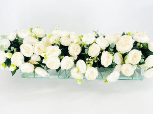 Modern Long White Rose Peony Arrangement, Artificial Faux Centerpiece Floral Flower Arrangement, Silk Flowers Glass Vase Home Decor