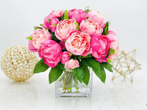 Modern Pink Peony Arrangement Artificial Faux Flower Centerpiece, French Country Floral Decor, Silk Flowers in Vase Home Decor by Blue Paris
