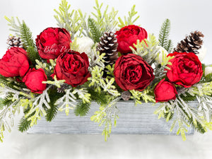 Red Peonies Christmas Faux Artificial Flower Arrangement-Christmas Faux Centerpiece-Christmas Fake Flowers Centerpiece-Christmas Gift-Decor