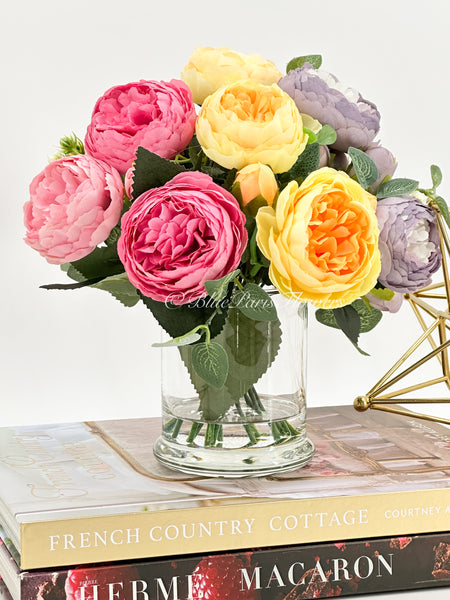 Pink/Purple/Yellow Rose Peony Arrangement, Artificial Faux Centerpiece, Faux Florals, Silk Flowers in Glass Vase, Mother’s Day by Blue Paris