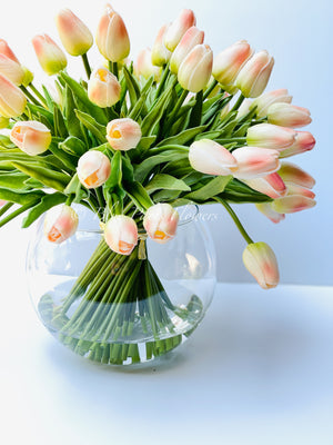 X-Large 60 Peach Tulips | Modern Faux Floral Arrangement | Real Touch Artificial Faux Forever Flowers in Glass Vase, Faux Flowers in Vase