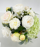 Floral Arrangement, REAL TOUCH White Peonies, Rose, Hydrangeas, Artificial Flower Centerpiece Faux Real French Arrangement Glass Vase Flower