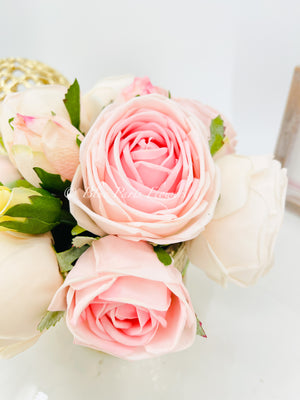 Pink Rose Arrangement | Real Touch | French Country | Floral Centerpiece, Artificial Faux Forever Flowers Gift for Home Decor in Gold Vase