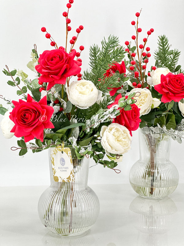 Christmas Artificial Flower Rose Arrangement-Christmas Faux Centerpiece-Christmas Flowers-Real Touch Flower Centerpiece-Christmas Gift-Decor