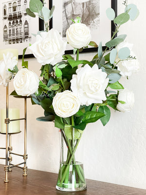 White Real Touch Rose Floral Arrangement, Artificial Flower Centerpiece, Wedding Decor, Faux Flower Decor In Glass Vase
