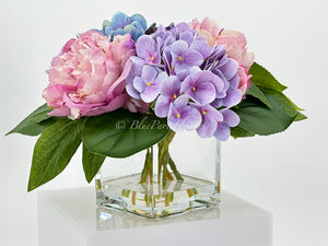 Lavender Purple Blue Peonies and Real Touch Hydrangeas Arrangement Artificial Faux Centerpiece, Soft Touch Floral Flowers in Vase Home Decor