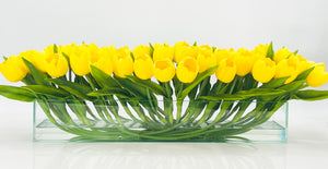 Modern Long Yellow REAL TOUCH Tulip Arrangement Artificial Faux Centerpiece Floral Flower Arrangement Silk Flowers Glass Vase French Decor