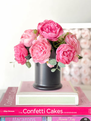 Pink Rose Peony Arrangement, Artificial Faux Table Centerpiece, Faux Florals, Silk Flowers Arrangement in Black Glass Vase by Blue Paris