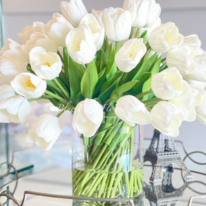 Large 40 White Tulips Modern Faux French Floral Arrangement | Real Touch Artificial Faux Forever Flowers in Glass Vase, Faux Flowers, Vase