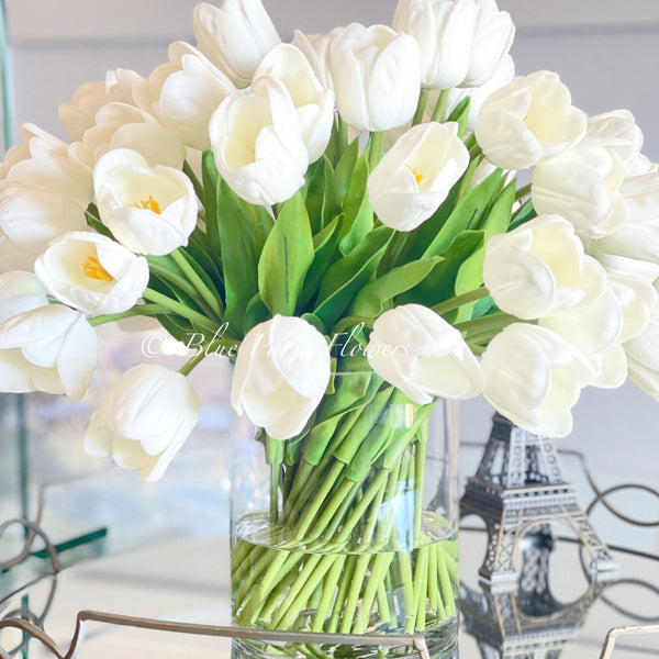 Large 50 White Tulips Modern Faux French Floral Arrangement | Real Touch Artificial Faux Forever Flowers in Glass Vase, Faux Flowers, Vase