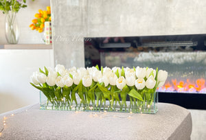 Modern Long White REAL TOUCH Tulip Arrangement Artificial Faux Centerpiece Floral Flower Arrangement Faux Flowers Glass Vase French Decor