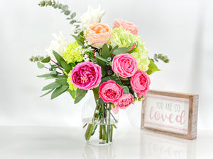 Faux Flower Arrangement, Peonies, Roses, Greens in Vase, Floral Decor Real Touch Centerpiece, Faux Artificial Flowers Silk Arrangement Pink I