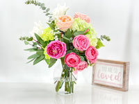 Faux Flower Arrangement, Peonies, Roses, Greens in Vase, Floral Decor Real Touch Centerpiece, Faux Artificial Flowers Silk Arrangement Pink I