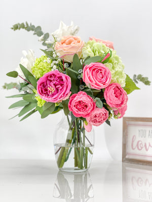 Faux Flower Arrangement, Peonies, Roses, Greens in Vase, Floral Decor Real Touch Centerpiece, Faux Artificial Flowers Silk Arrangement Pink I