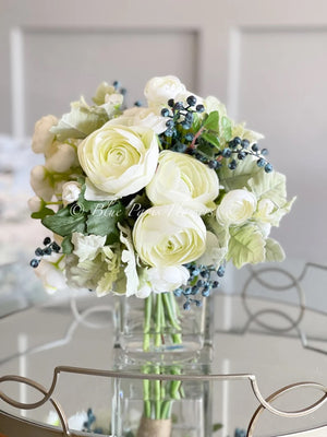 Floral Arrangement, Pale Green White Ranunculus, Blueberries, Silk Artificial Flower Centerpiece, Faux Silk Arrangement Glass Vase, Flower