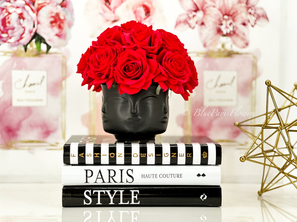 Real Touch Red Roses Arrangement in Vase, French Country Artificial Flowers Faux Floral Home Decor Realistic Floral Arrangement Black Vase