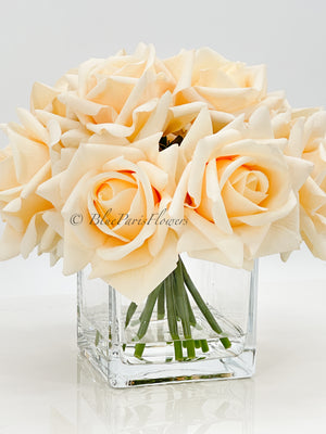 Real Touch Cream Roses Arrangement in Vase, French Country Artificial Flowers Faux Floral Home Decor Realistic Arrangement Blue Paris