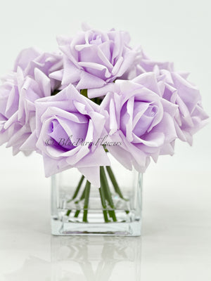 Real Touch Lavender Roses Arrangement in Vase, French Country Artificial Flowers Faux Floral Home Decor Realistic Arrangement Blue Paris
