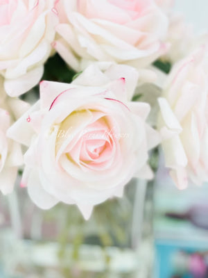 Real Touch Light Pink Roses Arrangement in Vase, French Country Artificial Flowers, Faux Floral Home Decor, Realistic Floral Arrangement