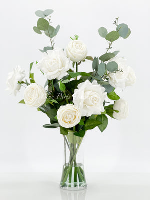 White Real Touch Rose Floral Arrangement, Artificial Flower Centerpiece, Wedding Decor, Faux Flower Decor In Glass Vase