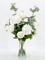 White Real Touch Rose Floral Arrangement, Artificial Flower Centerpiece, Wedding Decor, Faux Flower Decor In Glass Vase