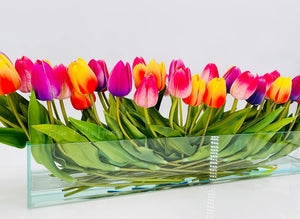 Modern Long REAL TOUCH Tulip Arrangement Artificial Faux Centerpiece Floral Flower Arrangement Silk Flowers Glass Vase French Decor Pink