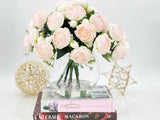 X-Large Light Pink Rose Peony Arrangement, Artificial Faux Centerpiece, Silk Flowers in Glass Vase for Home Decor