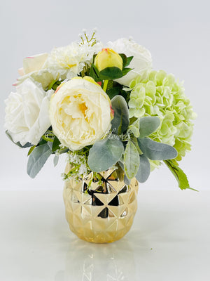 Floral Arrangement, REAL TOUCH White Peonies, Rose, Hydrangeas, Artificial Flower Centerpiece Faux Real French Arrangement Glass Vase Flower