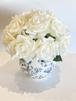 White Real Touch Roses | Modern Arrangement | Realistic, Lifelike Artificial Faux Forever Flowers in Blue/White Vase for Home Decor